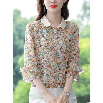 Γυναικεία μπλούζα από φλοράλ chiffon με πόλο γιακά, εκτύπωση, μανίκι 7/8, Καλοκαίρι 2023
