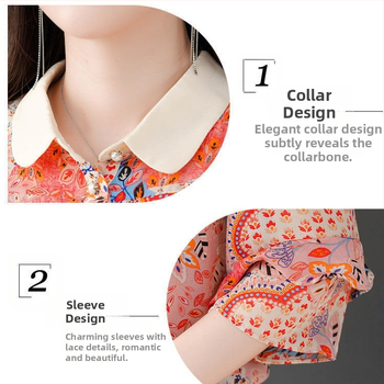 Γυναικεία μπλούζα από φλοράλ chiffon με πόλο γιακά, εκτύπωση, μανίκι 7/8, Καλοκαίρι 2023