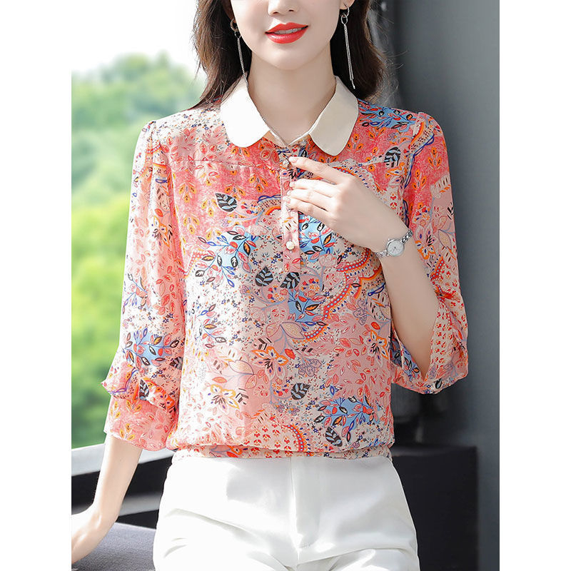 Bluza floral din chiffon pentru femei – guler polo, imprimeu, mâneci 7/8, Vară 2023