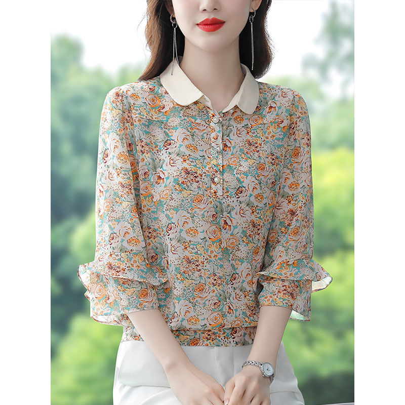 Bluza floral din chiffon pentru femei – guler polo, imprimeu, mâneci 7/8, Vară 2023