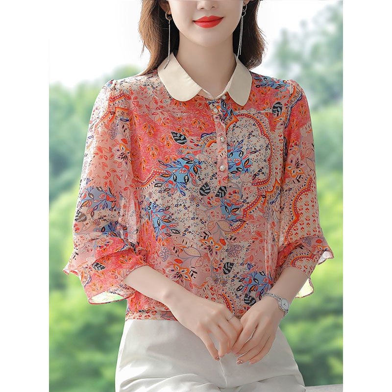 Bluza floral din chiffon pentru femei – guler polo, imprimeu, mâneci 7/8, Vară 2023