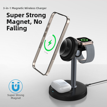 3-in-1 magnetinis belaidis įkroviklis su staliniu laikikliu telefonui ir laikrodžiui, Qi2 sertifikuotas, 15W maksimali galia, QC3.0