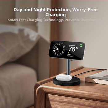 3-in-1 magnetinis belaidis įkroviklis su staliniu laikikliu telefonui ir laikrodžiui, Qi2 sertifikuotas, 15W maksimali galia, QC3.0