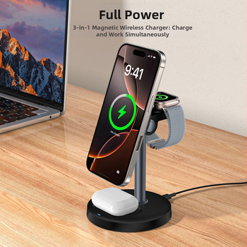 3-in-1 magnetinis belaidis įkroviklis su staliniu laikikliu telefonui ir laikrodžiui, Qi2 sertifikuotas, 15W maksimali galia, QC3.0