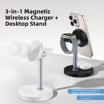 3-in-1 magnetinis belaidis įkroviklis su staliniu laikikliu telefonui ir laikrodžiui, Qi2 sertifikuotas, 15W maksimali galia, QC3.0