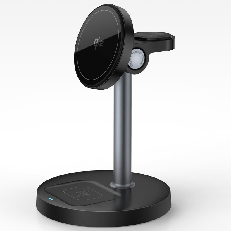 3-in-1 magnetinis belaidis įkroviklis su staliniu laikikliu telefonui ir laikrodžiui, Qi2 sertifikuotas, 15W maksimali galia, QC3.0