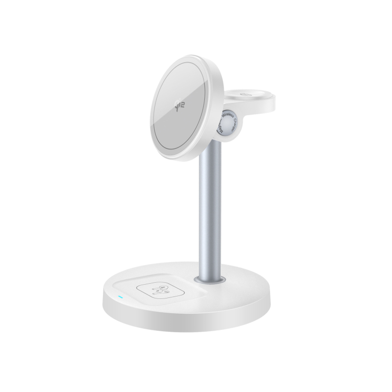 3-in-1 magnetinis belaidis įkroviklis su staliniu laikikliu telefonui ir laikrodžiui, Qi2 sertifikuotas, 15W maksimali galia, QC3.0