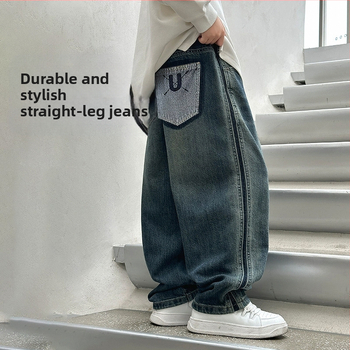 Gyermekeknek fleece-szel bélelt farmernadrág, középtalpas, elasztikus derekú, 8 év feletti gyerekeknek, tavasz–ősz