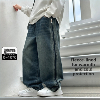 Παιδικά τζιν με επένδυση φλις, μεσαία μέση, ελαστική ζώνη, για παιδιά 8+ ετών, άνοιξη–φθινόπωρο