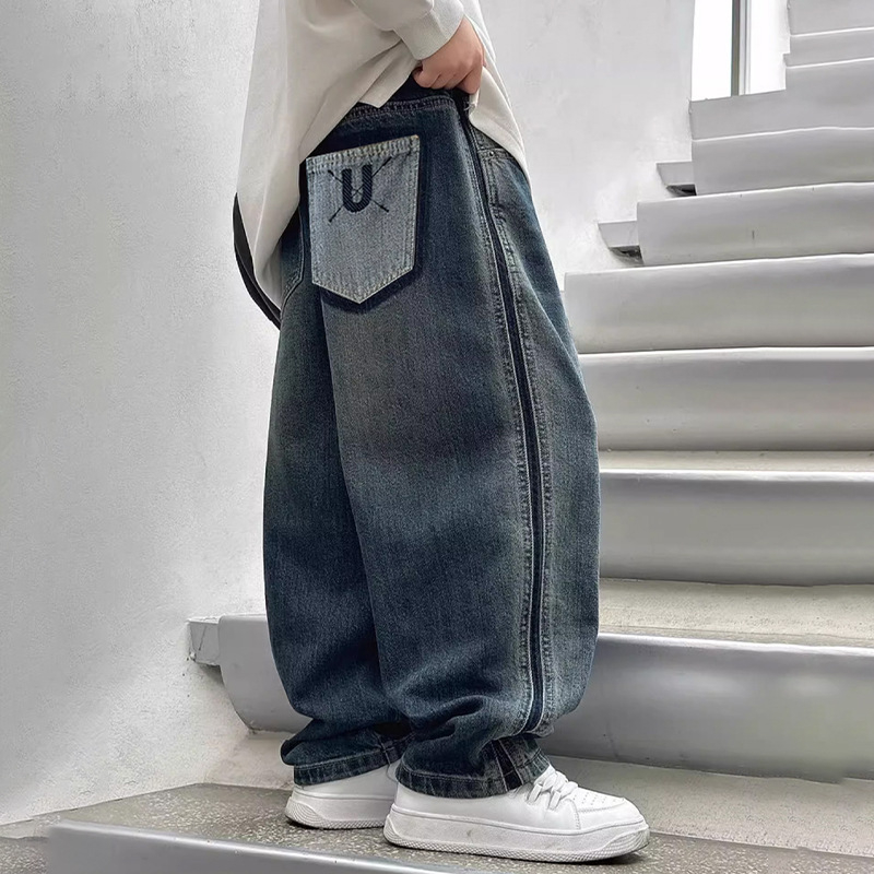 Gyermekeknek fleece-szel bélelt farmernadrág, középtalpas, elasztikus derekú, 8 év feletti gyerekeknek, tavasz–ősz