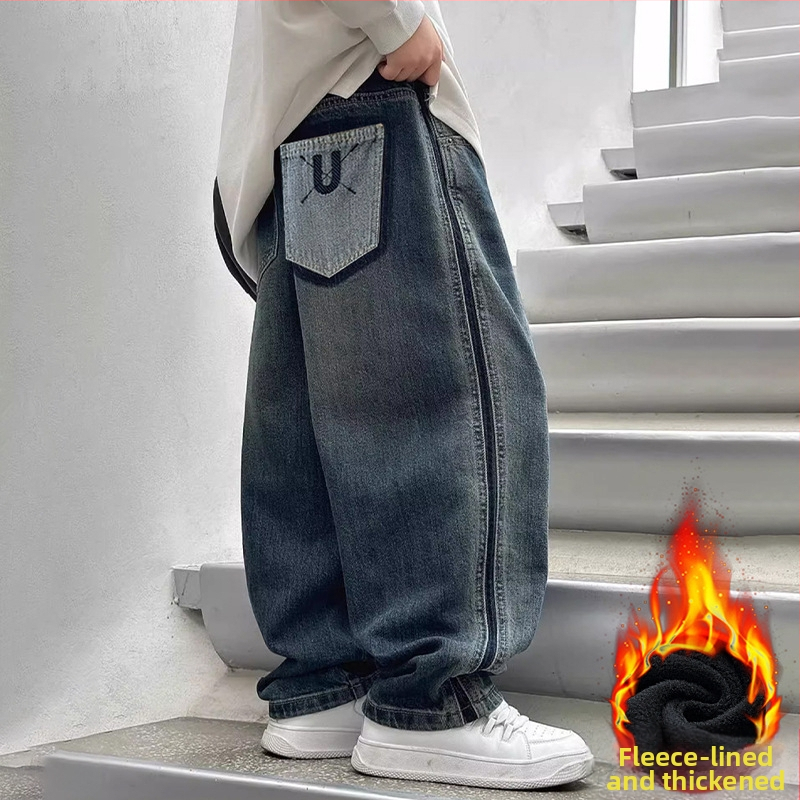 Gyermekeknek fleece-szel bélelt farmernadrág, középtalpas, elasztikus derekú, 8 év feletti gyerekeknek, tavasz–ősz