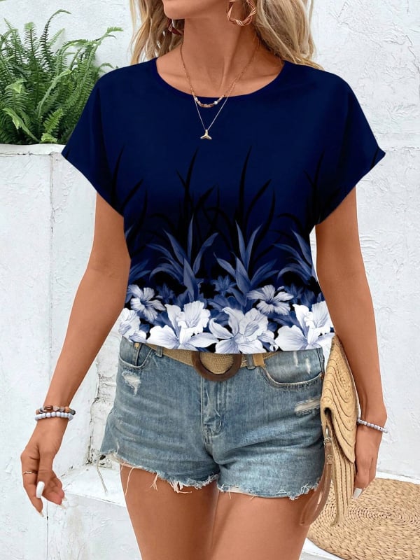 Női hosszú ujjú T‑shirt 3D virágos nyomással, kerek nyakú, poliészter 70–80%