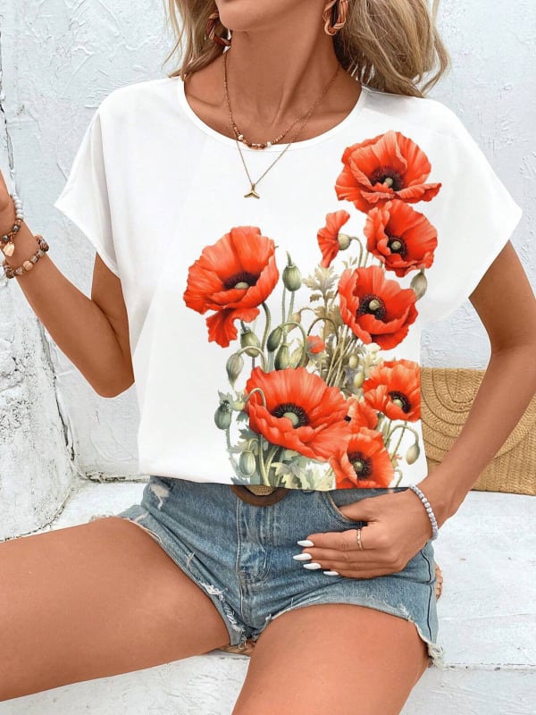 Női hosszú ujjú T‑shirt 3D virágos nyomással, kerek nyakú, poliészter 70–80%