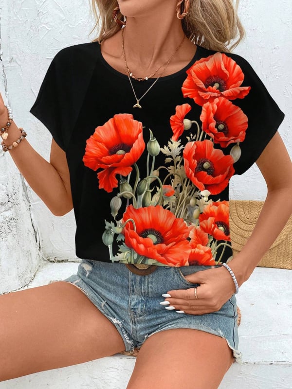 Női hosszú ujjú T‑shirt 3D virágos nyomással, kerek nyakú, poliészter 70–80%