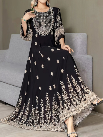 Μποέμ φόρεμα με κέντημα, V-λαιμό, φαναριώδη μανίκια, πολυεστέρας, μακρύ φόρεμα