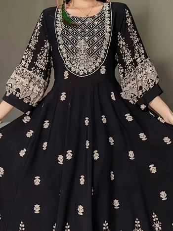 Μποέμ φόρεμα με κέντημα, V-λαιμό, φαναριώδη μανίκια, πολυεστέρας, μακρύ φόρεμα