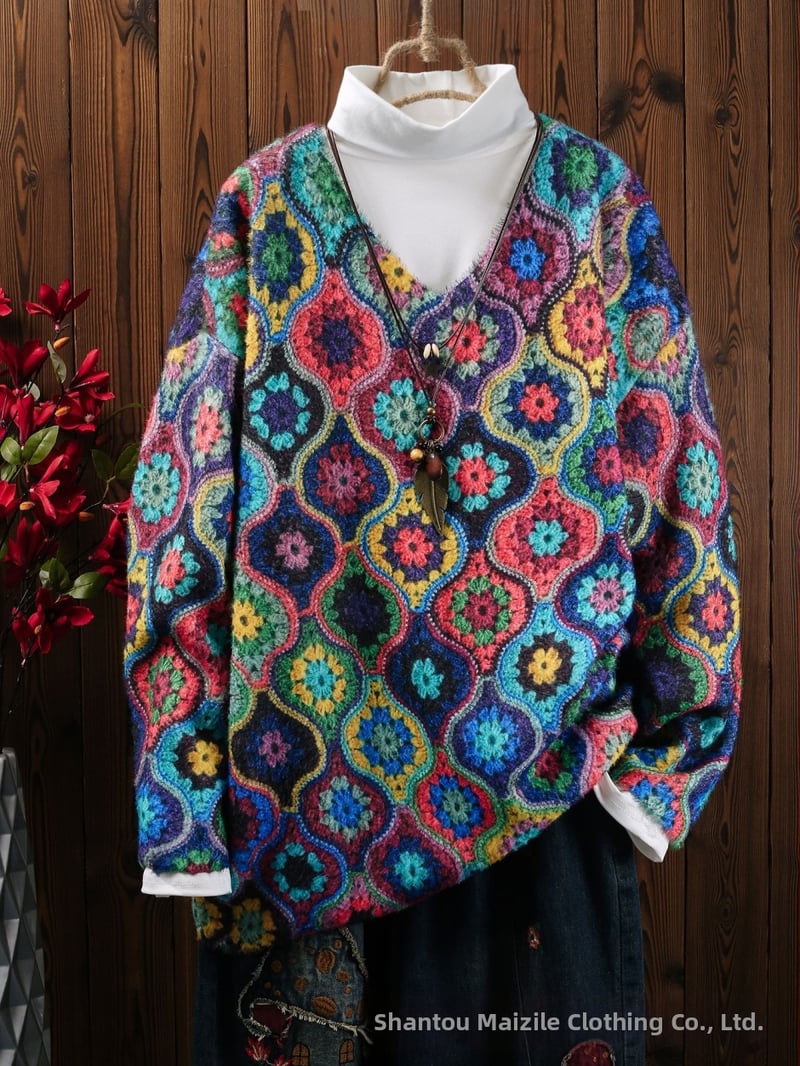 Πουλόβερ με V-λαιμό, γεωμετρικό σχέδιο, πολυεστερικό ύφασμα, φθινόπωρο 2024