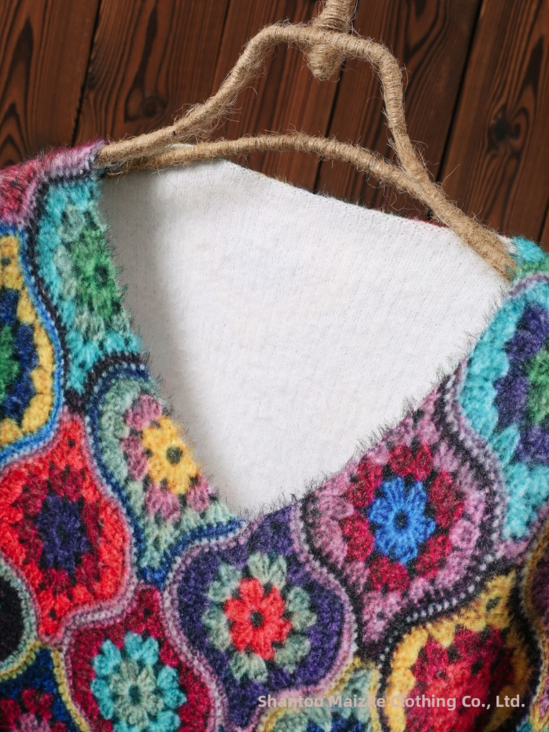 Pulóver s V- výstrihom, geometrický vzor, polyesterová tkanina, jeseň 2024