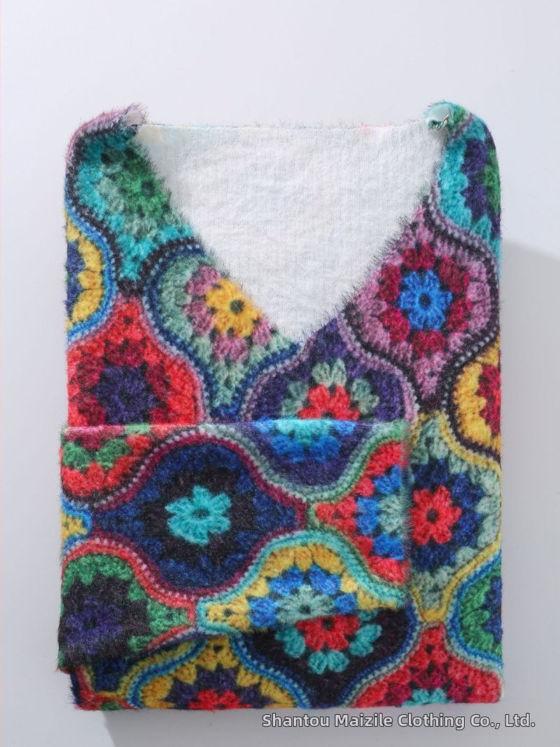 Pulóver s V- výstrihom, geometrický vzor, polyesterová tkanina, jeseň 2024