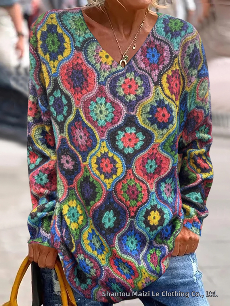 Pulóver s V- výstrihom, geometrický vzor, polyesterová tkanina, jeseň 2024