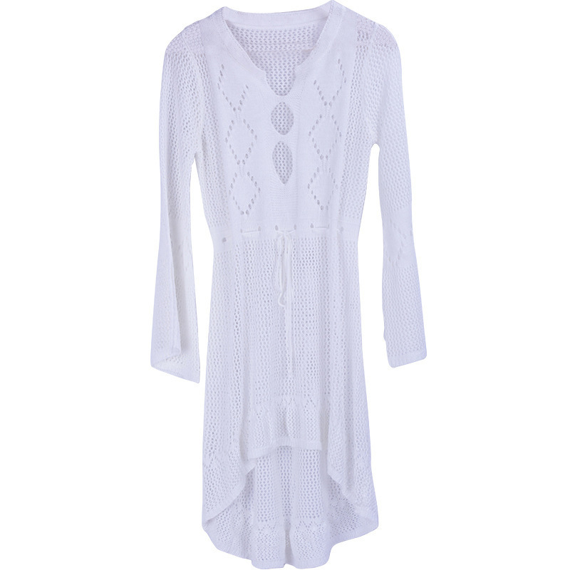 Rochie de plajă din tricot gol cu mâneci trompetă, acoperire pentru costumul de baie, 100% poliester, 330 g