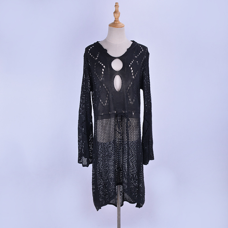 Rochie de plajă din tricot gol cu mâneci trompetă, acoperire pentru costumul de baie, 100% poliester, 330 g