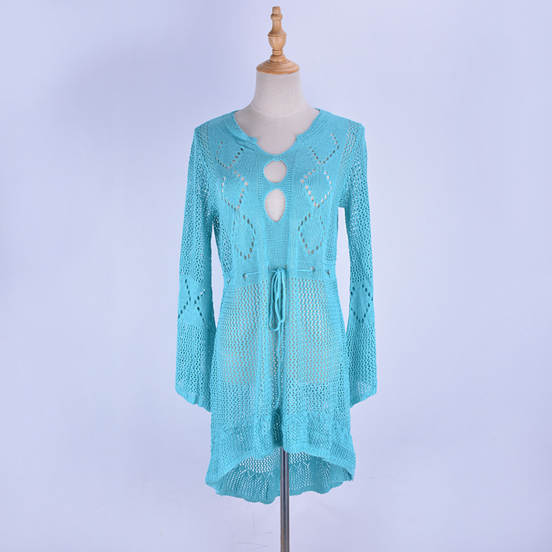 Rochie de plajă din tricot gol cu mâneci trompetă, acoperire pentru costumul de baie, 100% poliester, 330 g