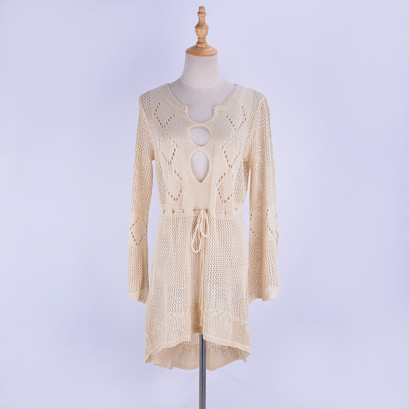 Rochie de plajă din tricot gol cu mâneci trompetă, acoperire pentru costumul de baie, 100% poliester, 330 g