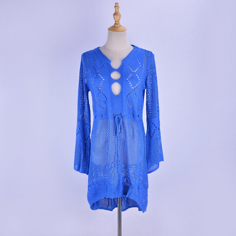 Rochie de plajă din tricot gol cu mâneci trompetă, acoperire pentru costumul de baie, 100% poliester, 330 g