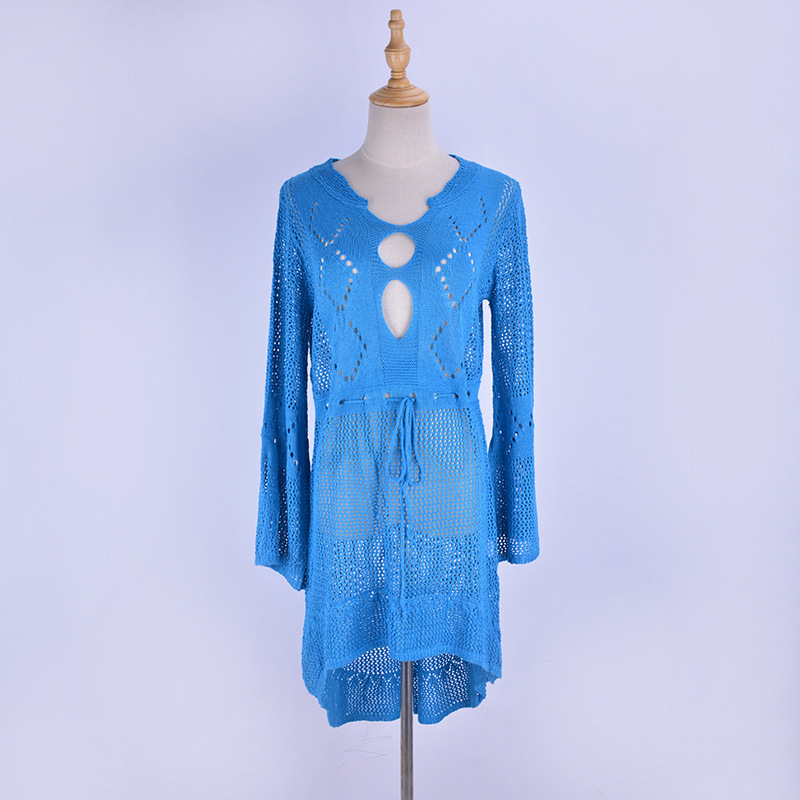 Rochie de plajă din tricot gol cu mâneci trompetă, acoperire pentru costumul de baie, 100% poliester, 330 g