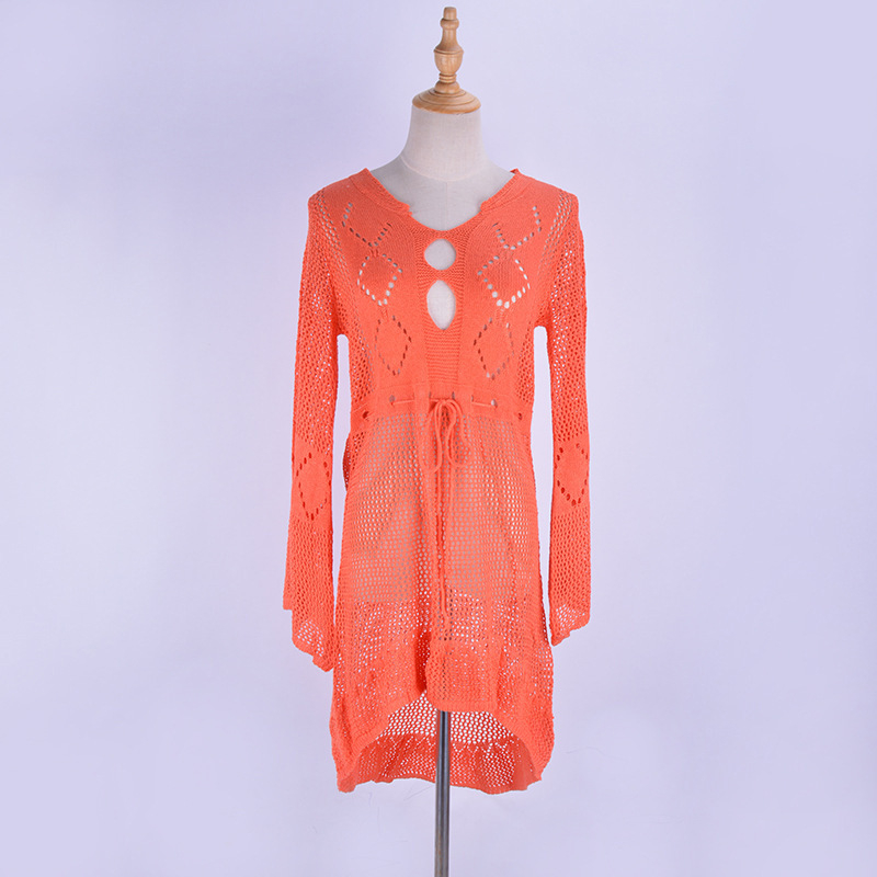 Rochie de plajă din tricot gol cu mâneci trompetă, acoperire pentru costumul de baie, 100% poliester, 330 g