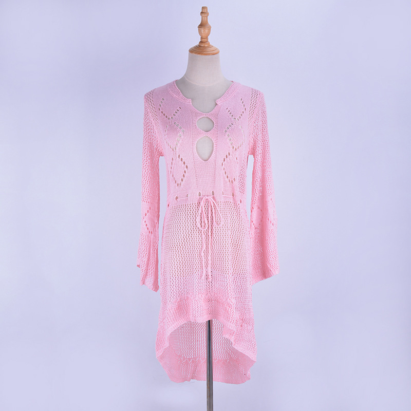 Rochie de plajă din tricot gol cu mâneci trompetă, acoperire pentru costumul de baie, 100% poliester, 330 g