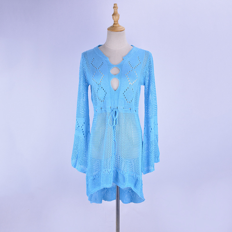 Rochie de plajă din tricot gol cu mâneci trompetă, acoperire pentru costumul de baie, 100% poliester, 330 g