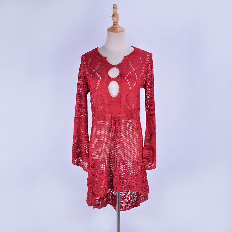 Rochie de plajă din tricot gol cu mâneci trompetă, acoperire pentru costumul de baie, 100% poliester, 330 g