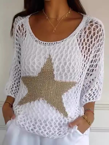 Ötcsillagos mintázatú pulóver, kerek nyakú, 3/4-es ujjú, lazán szabott, akrilrost