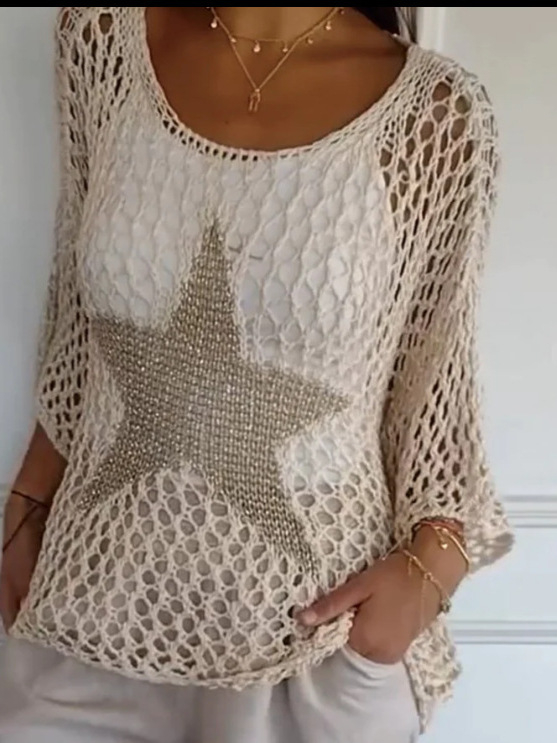 Ötcsillagos mintázatú pulóver, kerek nyakú, 3/4-es ujjú, lazán szabott, akrilrost