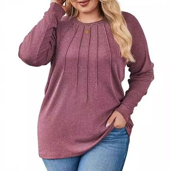 Женска риза с дълги ръкави, полиестер-памучен бленд, кръгло деколте, плисиран детайл, регулярна кройка, дължина 50–65 см