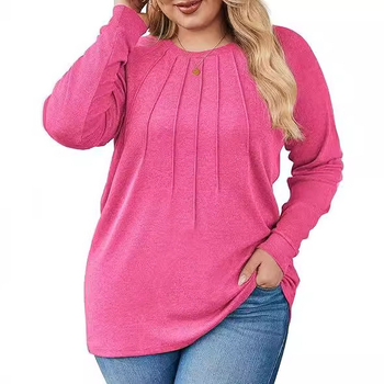 Женска риза с дълги ръкави, полиестер-памучен бленд, кръгло деколте, плисиран детайл, регулярна кройка, дължина 50–65 см