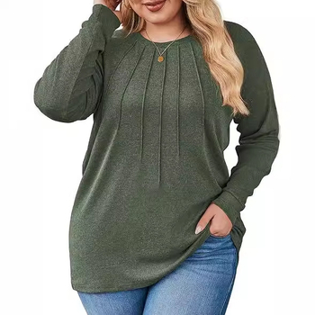 Женска риза с дълги ръкави, полиестер-памучен бленд, кръгло деколте, плисиран детайл, регулярна кройка, дължина 50–65 см