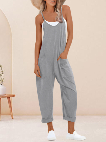 Γυναικεία αμάνικη ολόσωμη φόρμα με τιράντες — ελεύθερο κόψιμο, φαρδιά παντελόνια, πολυεστέρας 95%+, σπάντεξ 5%, υψηλής θερμοκρασίας διαμόρφωση