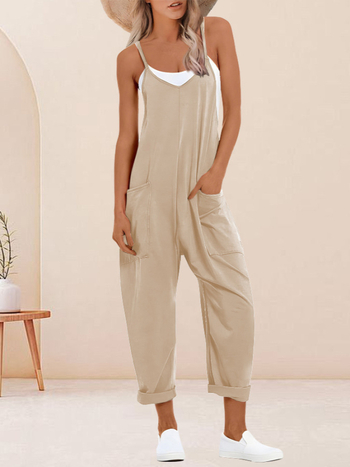 Γυναικεία αμάνικη ολόσωμη φόρμα με τιράντες — ελεύθερο κόψιμο, φαρδιά παντελόνια, πολυεστέρας 95%+, σπάντεξ 5%, υψηλής θερμοκρασίας διαμόρφωση