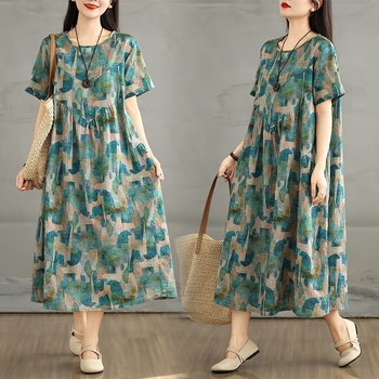 Φόρεμα Καλοκαίρι 2025, Βαμβάκι και λινό, Φλοράλ εκτύπωση, Α-γραμμή με χαλαρή μέση, Στρογγυλός λαιμός, κοντά μανίκια, Μακρύ μήκος