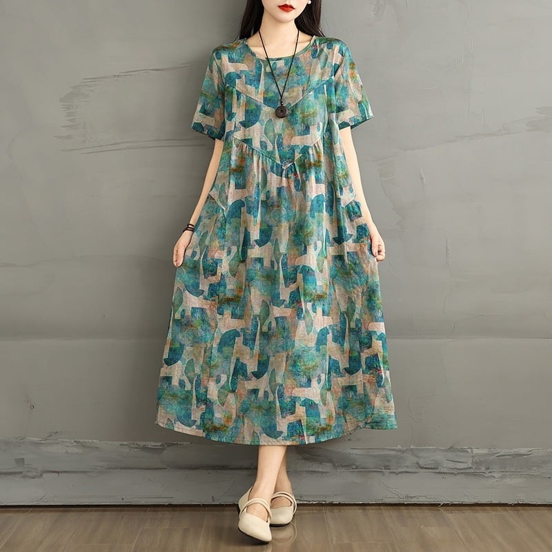 Rochie vară 2025, din bumbac și in, imprimé floral, croială A-line cu talie lejeră, guler rotund, mâneci scurte, lungă
