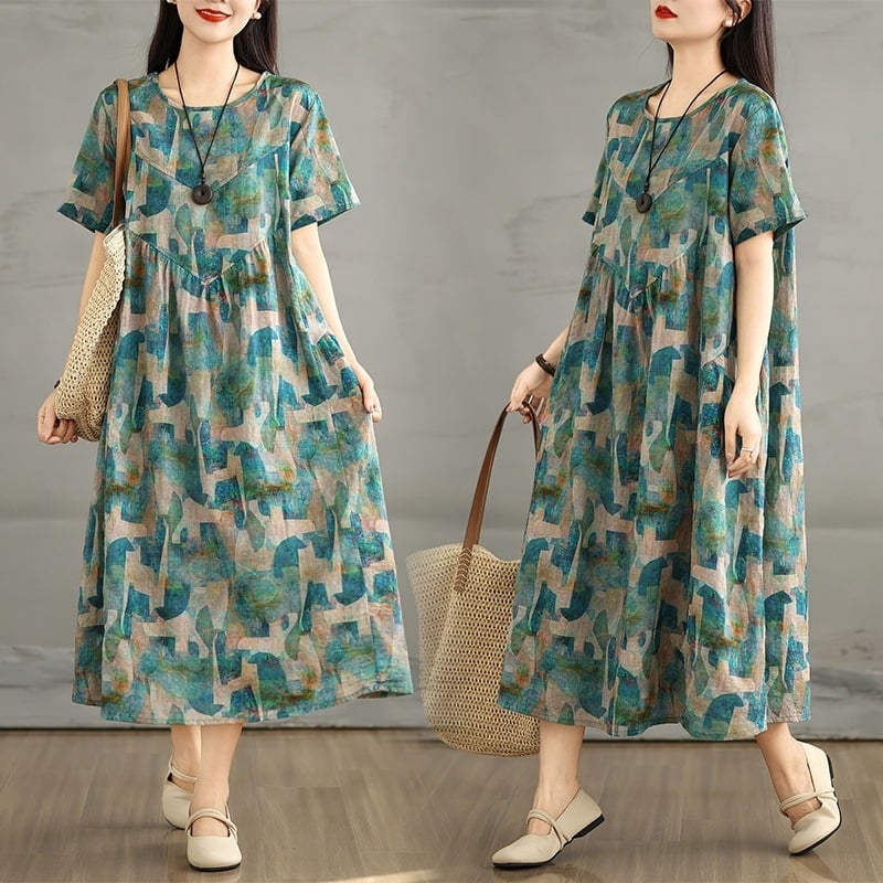 Rochie vară 2025, din bumbac și in, imprimé floral, croială A-line cu talie lejeră, guler rotund, mâneci scurte, lungă