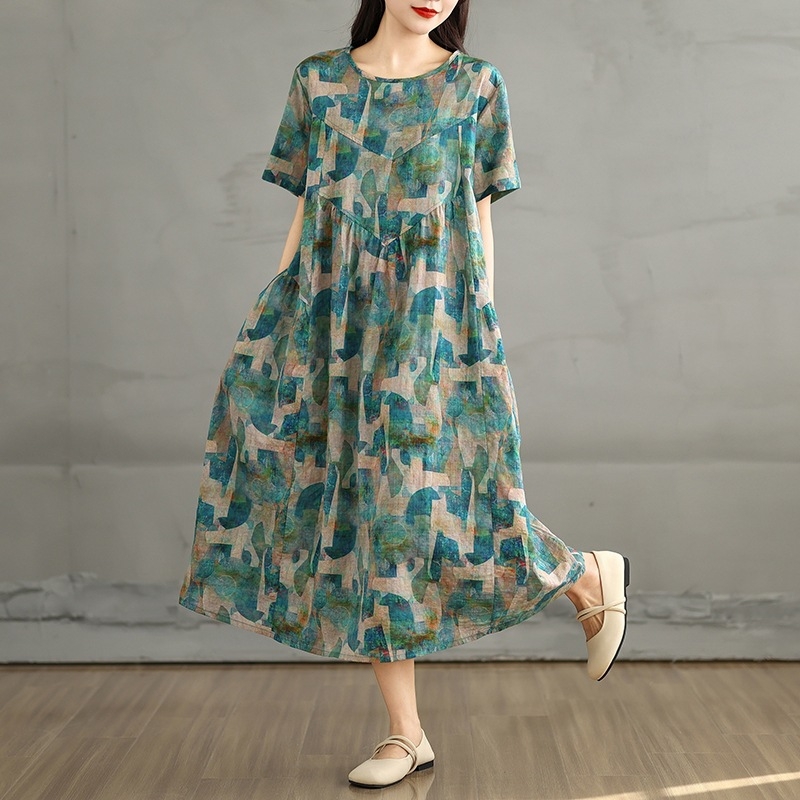 Rochie vară 2025, din bumbac și in, imprimé floral, croială A-line cu talie lejeră, guler rotund, mâneci scurte, lungă