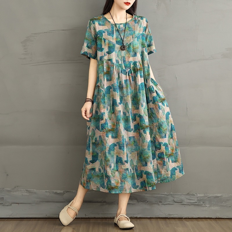 Rochie vară 2025, din bumbac și in, imprimé floral, croială A-line cu talie lejeră, guler rotund, mâneci scurte, lungă