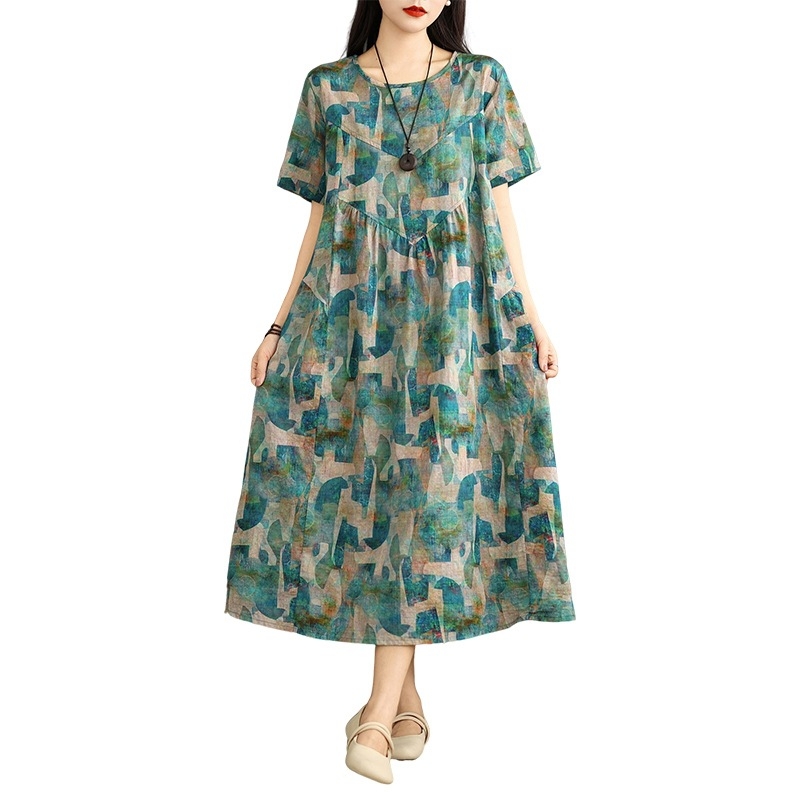 Rochie vară 2025, din bumbac și in, imprimé floral, croială A-line cu talie lejeră, guler rotund, mâneci scurte, lungă