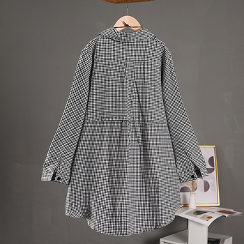 Риза с каре шарка, яка поло, дълги ръкави, средна дължина, ленено-памучна материя