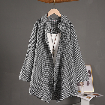 Риза с каре шарка, яка поло, дълги ръкави, средна дължина, ленено-памучна материя