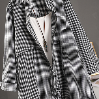 Риза с каре шарка, яка поло, дълги ръкави, средна дължина, ленено-памучна материя